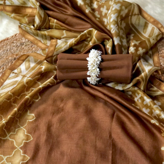 Amodini – Mustard Brown Chanderi Unstitched Needle Dyed & Mirror Embroidered Suit Set