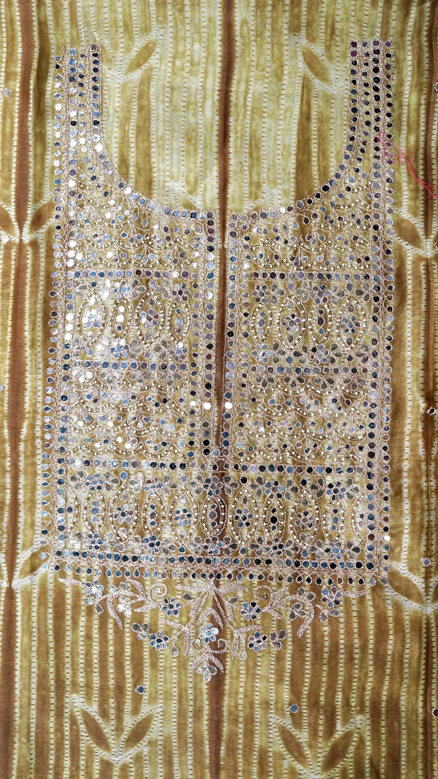 Amodini – Mustard Brown Chanderi Unstitched Needle Dyed & Mirror Embroidered Suit Set