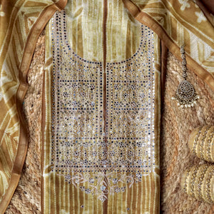 Amodini – Mustard Brown Chanderi Unstitched Needle Dyed & Mirror Embroidered Suit Set