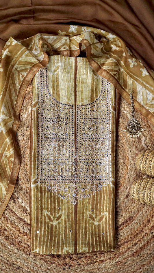 Amodini – Mustard Brown Chanderi Unstitched Needle Dyed & Mirror Embroidered Suit Set