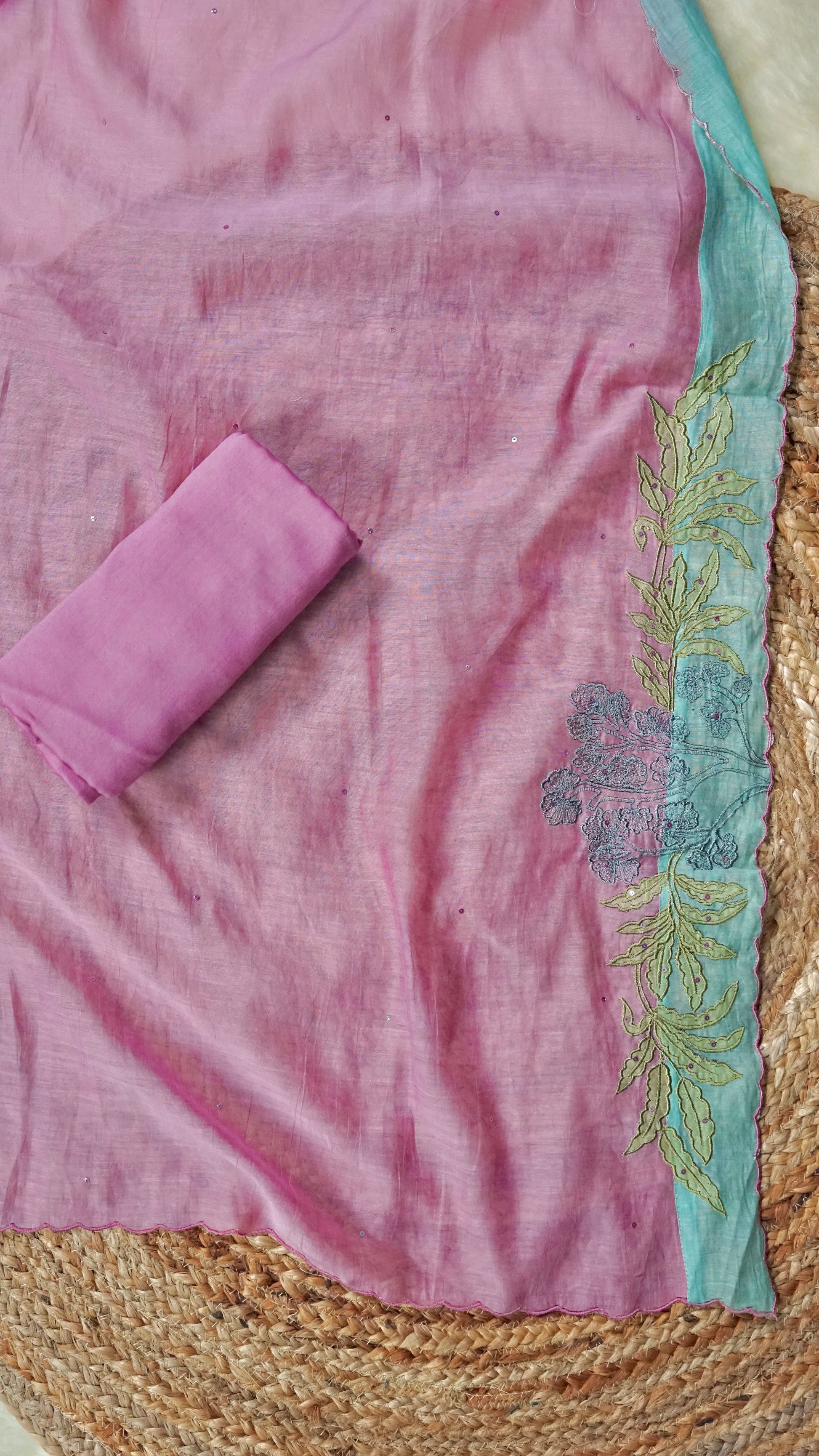 Blush Sequin Reverie – Pink Mulmul Chanderi Unstitched Zari & Pearl Embroidered Suit Set