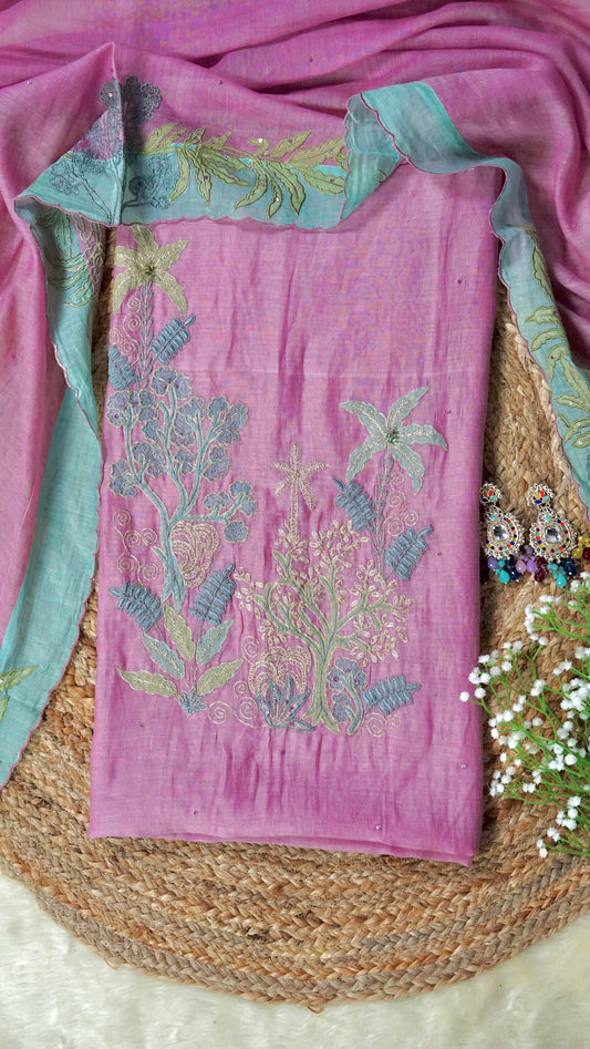 Blush Sequin Reverie – Pink Mulmul Chanderi Unstitched Zari & Pearl Embroidered Suit Set