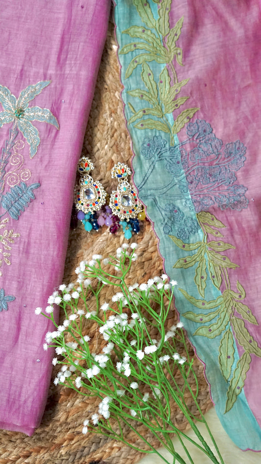 Blush Sequin Reverie – Pink Mulmul Chanderi Unstitched Zari & Pearl Embroidered Suit Set