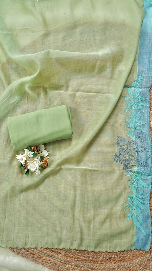 Noor Cascade – Mint Green Mulmul Chanderi Unstitched Sequin & Zari Embroidered Suit Set