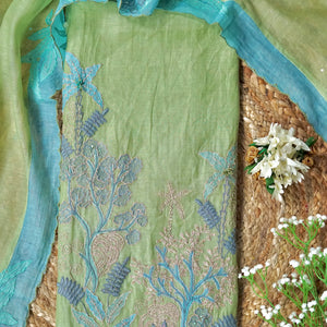 Noor Cascade – Mint Green Mulmul Chanderi Unstitched Sequin & Zari Embroidered Suit Set