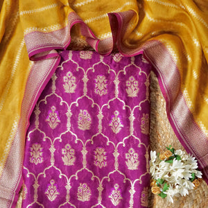 Royal Zari Echo – Purple Banarasi Chanderi Unstitched Zari Woven Suit Set