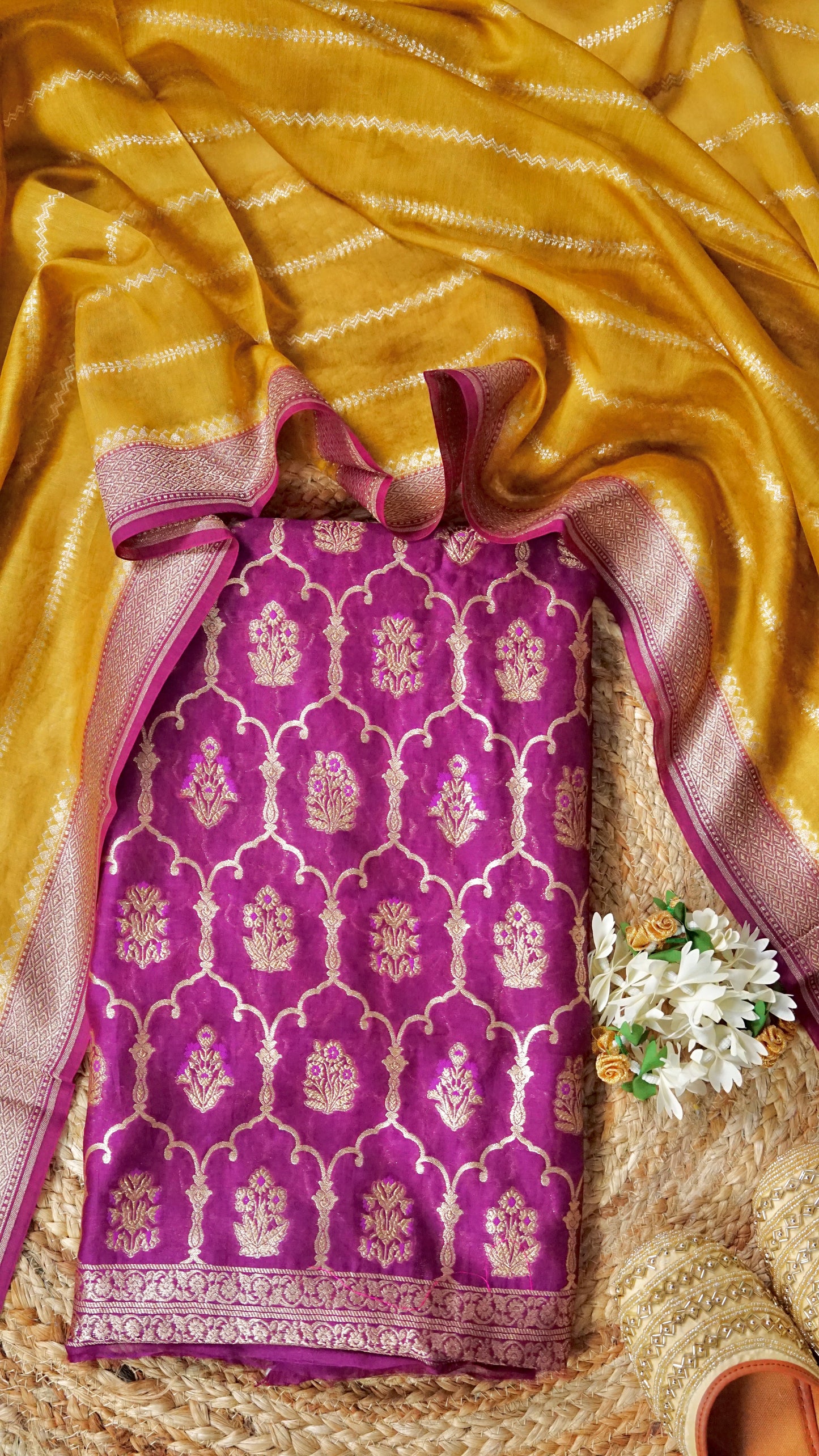 Royal Zari Echo – Purple Banarasi Chanderi Unstitched Zari Woven Suit Set