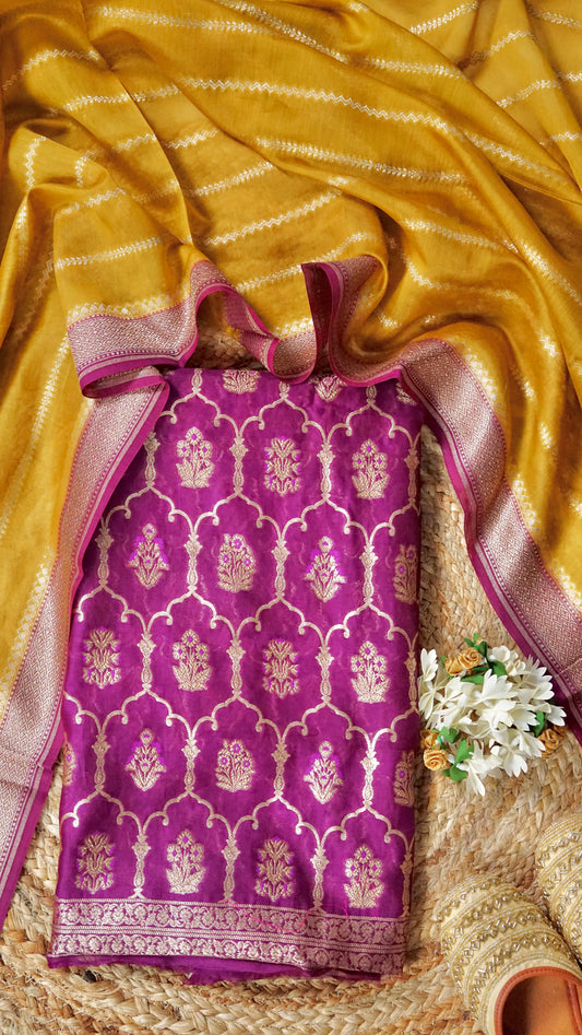 Royal Zari Echo – Purple Banarasi Chanderi Unstitched Zari Woven Suit Set