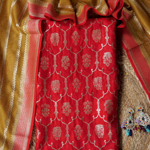 Scarlet Zari Muse – Red Banarasi Chanderi Unstitched Zari Woven Suit Set