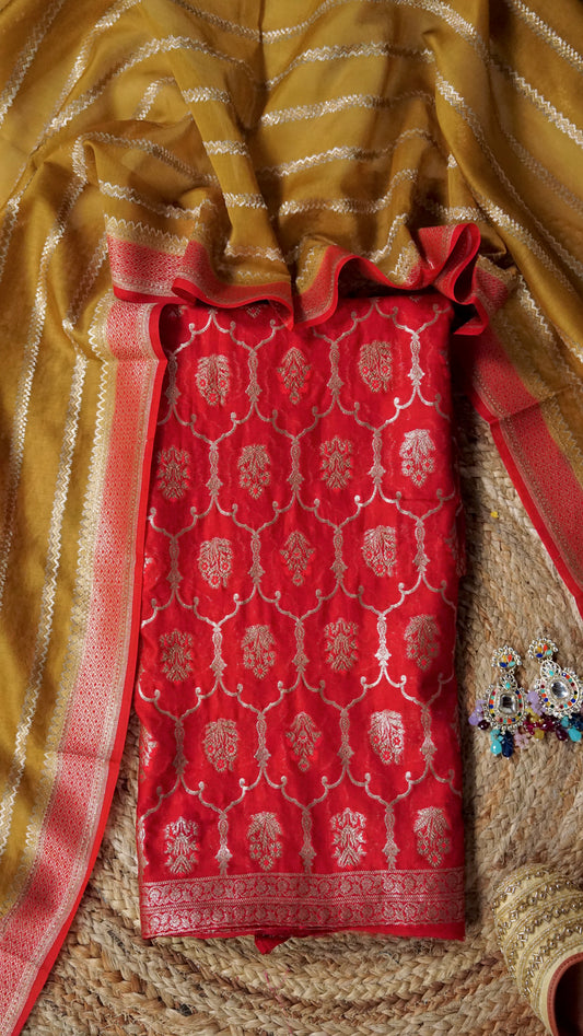 Scarlet Zari Muse – Red Banarasi Chanderi Unstitched Zari Woven Suit Set