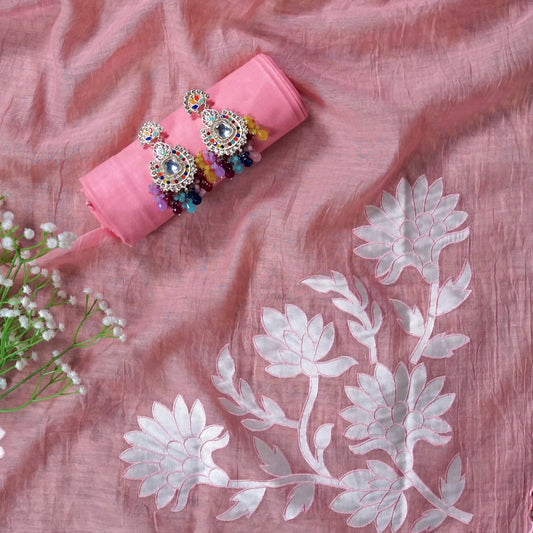 Peach Appliqué Haze – Peach Mulmul Cotton Unstitched Embroidered Suit Set