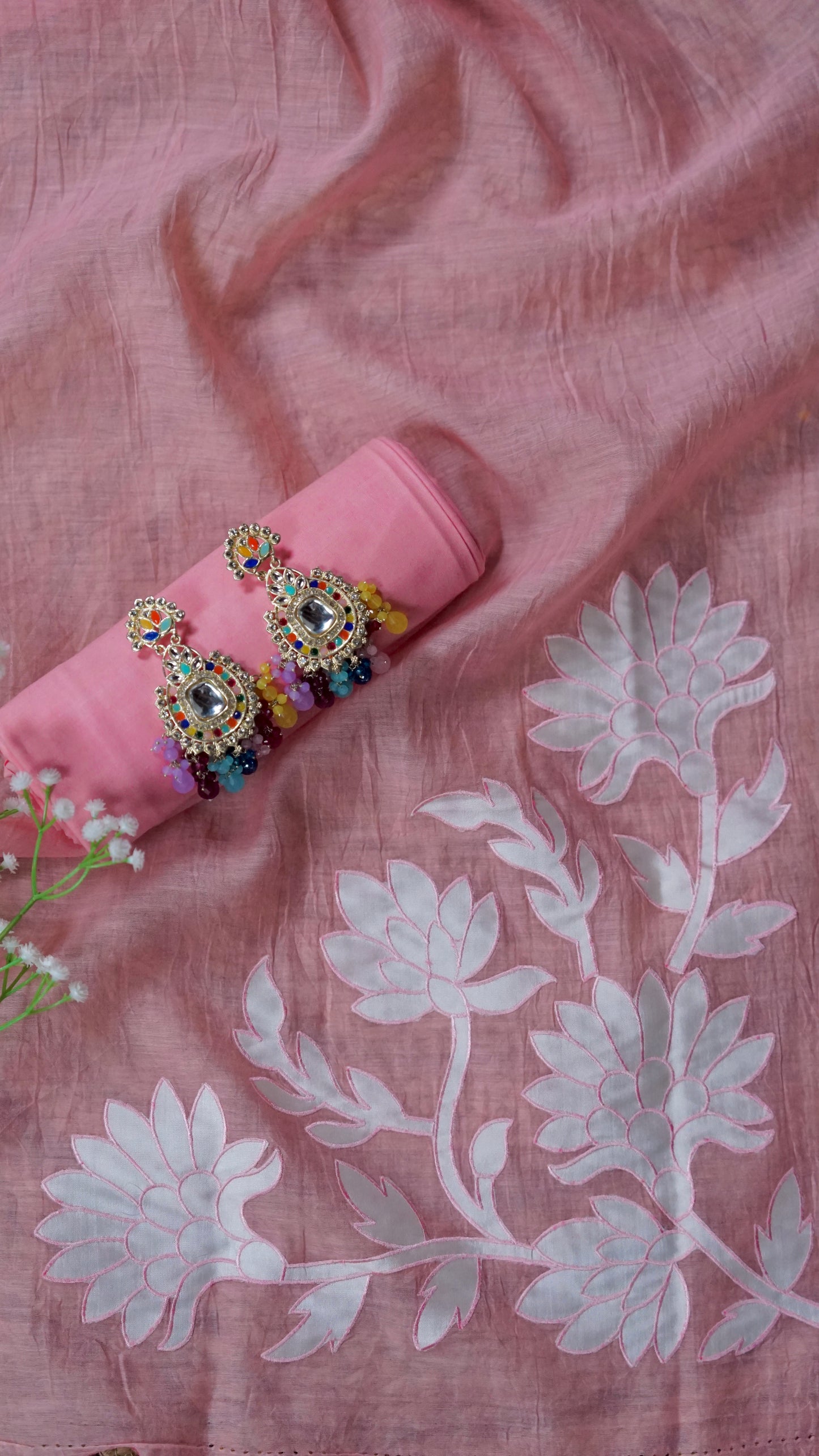 Peach Appliqué Haze – Peach Mulmul Cotton Unstitched Embroidered Suit Set