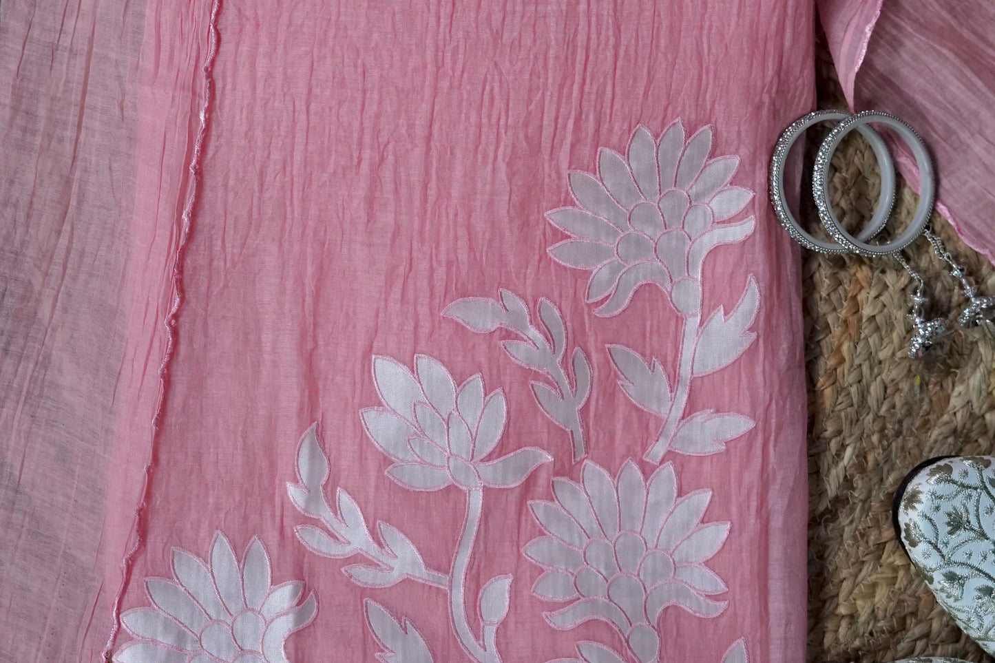 Peach Appliqué Haze – Peach Mulmul Cotton Unstitched Embroidered Suit Set