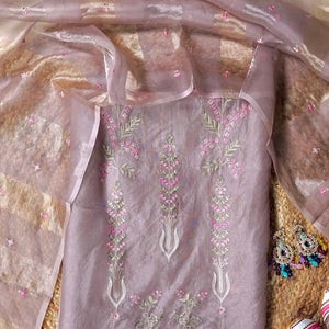 Lavender Loom Whisper – Lavender Organza Unstitched Multicolour Resham & Zari Embroidered Suit Set