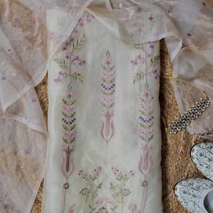Ivory Meadow Weave – Cream Organza Unstitched Multicolour Resham & Zari Embroidered Suit Set