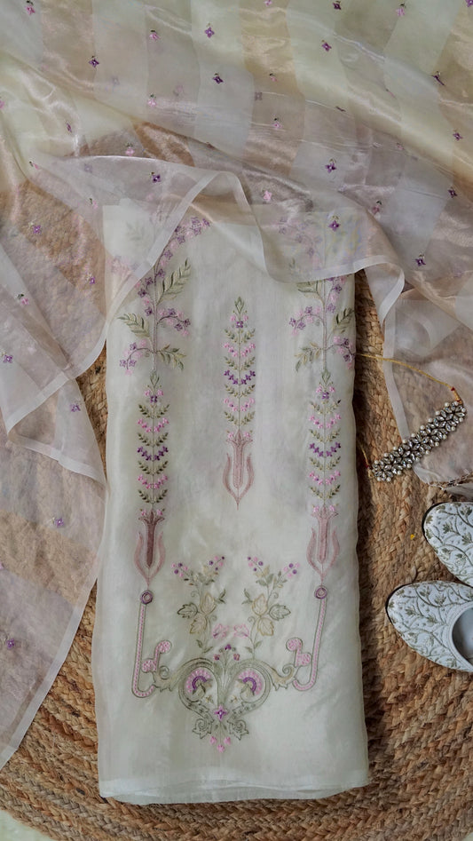 Ivory Meadow Weave – Cream Organza Unstitched Multicolour Resham & Zari Embroidered Suit Set