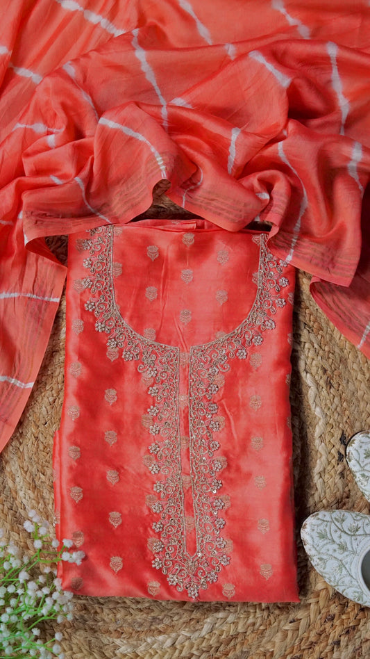 Amber Zari Drape – Orange Banarasi Chanderi Unstitched Zari & Gotta Patti Suit Set