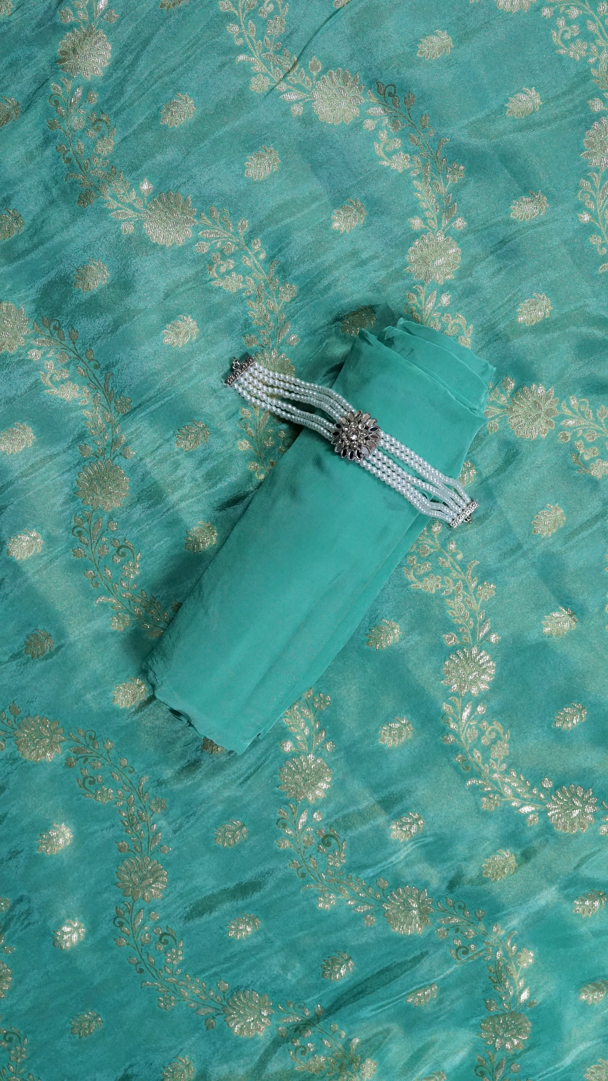 Mint Zari Mirage – Mint Green Banarasi Tissue Unstitched Mirror & Zari Embroidered Suit Set