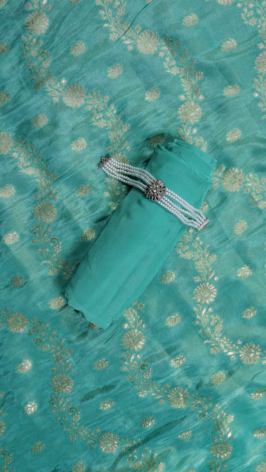 Mint Zari Mirage – Mint Green Banarasi Tissue Unstitched Mirror & Zari Embroidered Suit Set