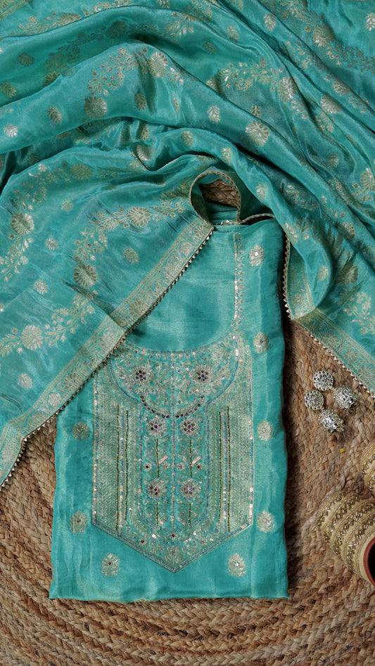 Mint Zari Mirage – Mint Green Banarasi Tissue Unstitched Mirror & Zari Embroidered Suit Set