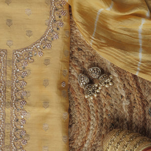 Kumudini – Yellow Banarasi Chanderi Unstitched Zari & Gotta Patti Embroidered Suit Set