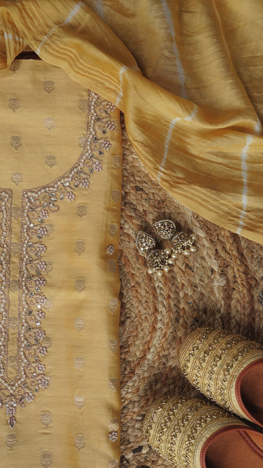 Kumudini – Yellow Banarasi Chanderi Unstitched Zari & Gotta Patti Embroidered Suit Set