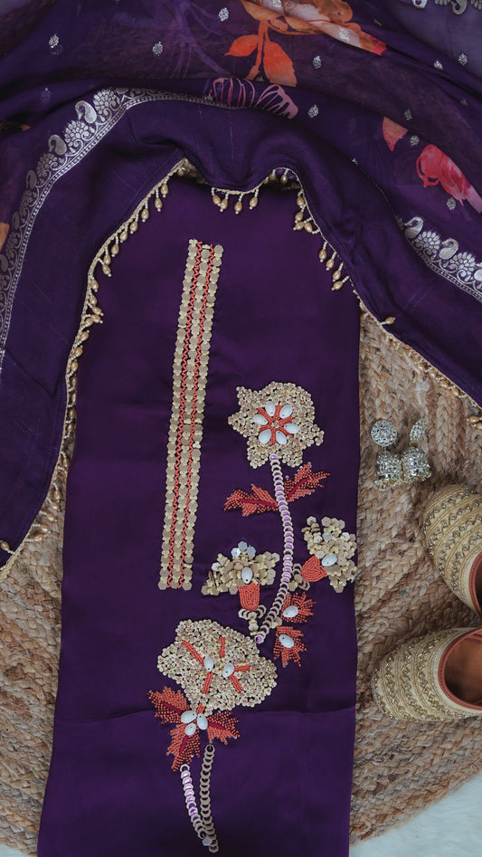 Ambeer Saaz – Purple Crepe Embroidered Party & Semi-Formal Suit Set