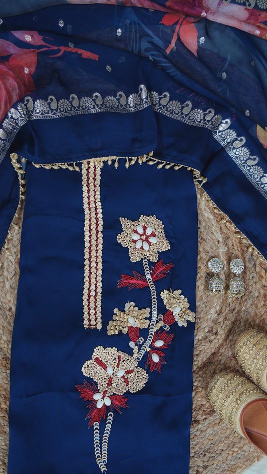 Nishka – Royal Blue Crepe Unstitched Wood Sequin & Pearl Embroidered Suit Set