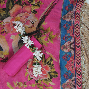 Anvika – Pink Organza Unstitched Kundan & Pearl Embellished Printed Suit Set