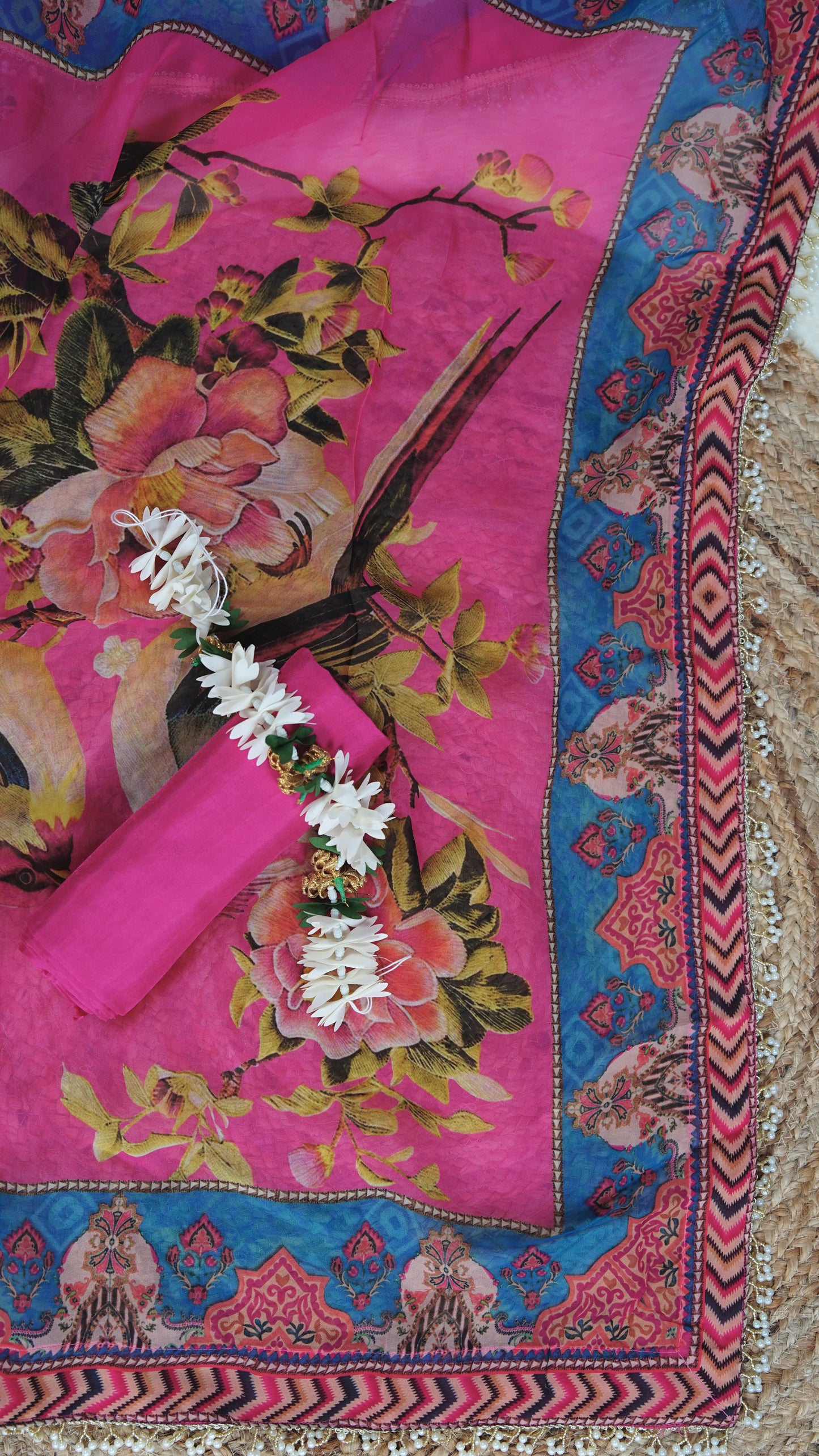 Anvika – Pink Organza Unstitched Kundan & Pearl Embellished Printed Suit Set