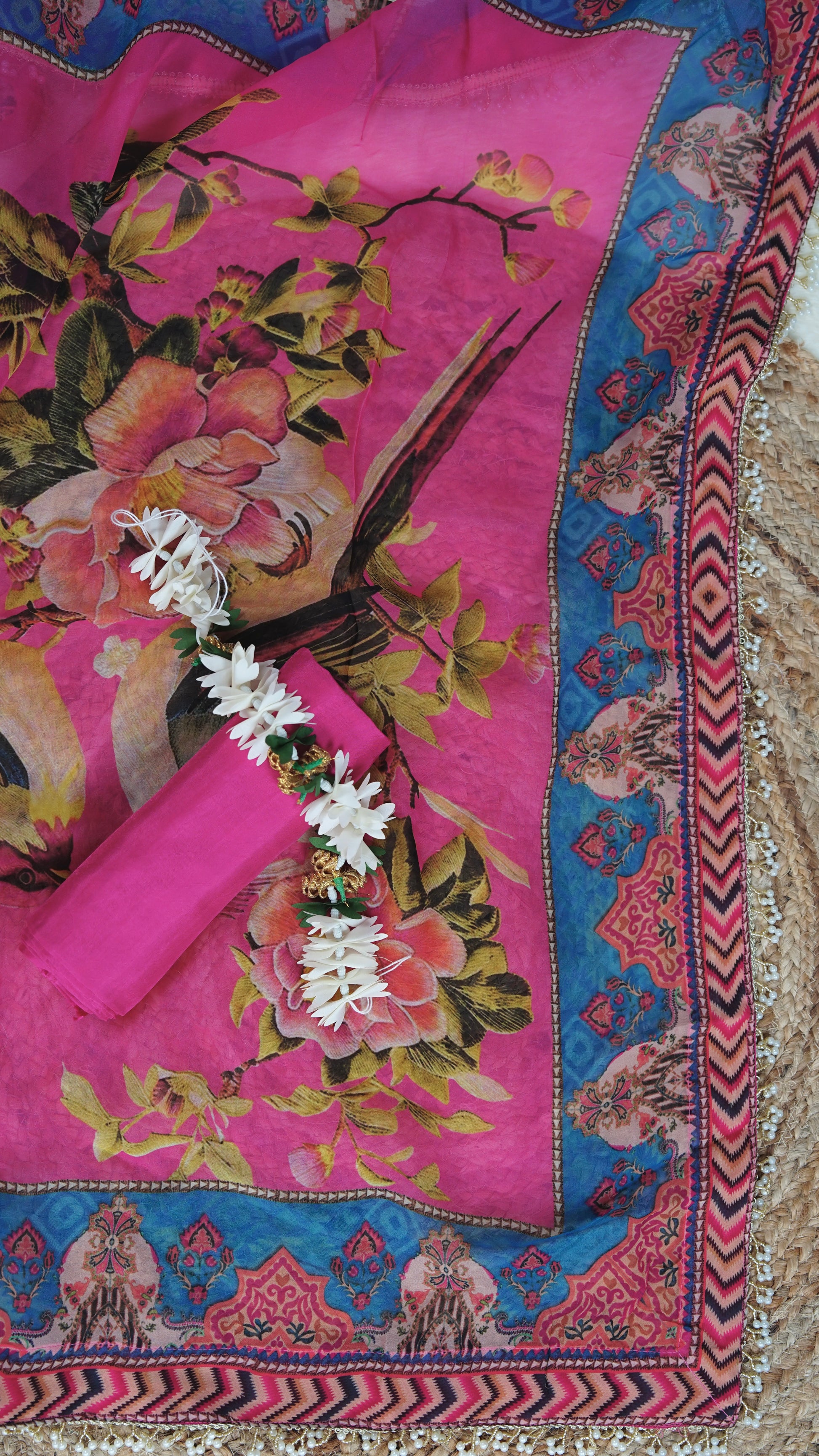 Anvika – Pink Organza Unstitched Kundan & Pearl Embellished Printed Suit Set