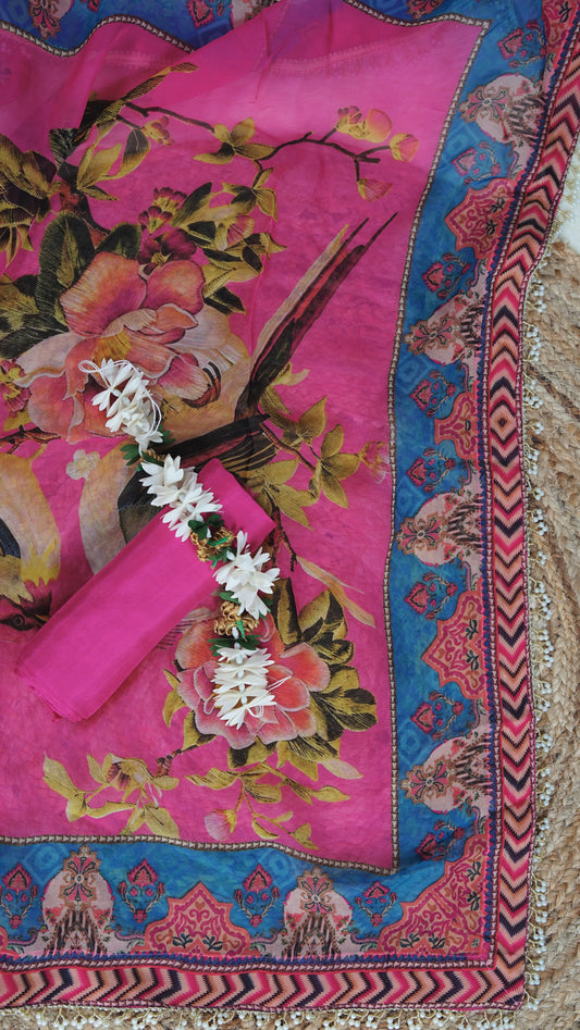Anvika – Pink Organza Unstitched Kundan & Pearl Embellished Printed Suit Set