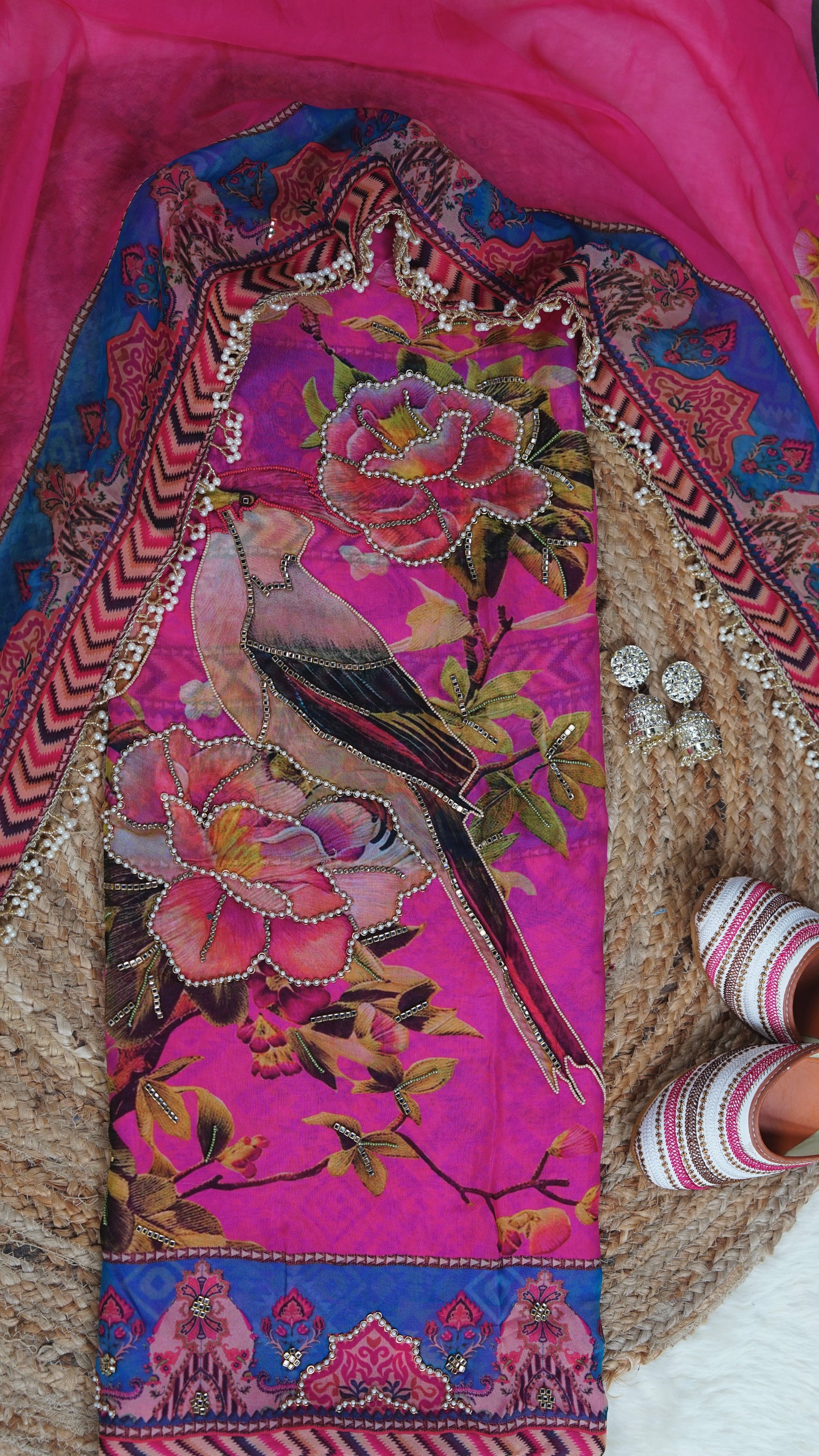 Anvika – Pink Organza Unstitched Kundan & Pearl Embellished Printed Suit Set