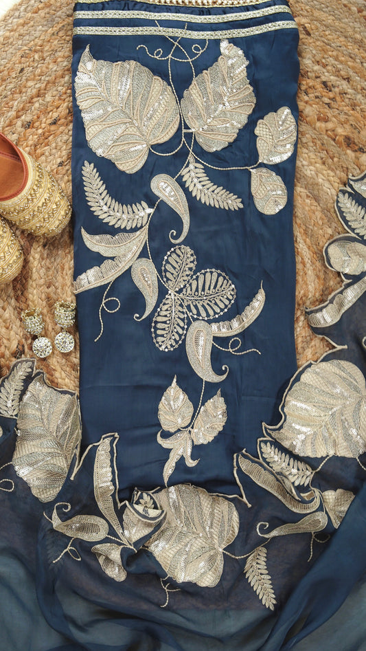 Taarini – Teal Green Crepe Unstitched Pearl, Sequin & Zari Embroidered Suit Set