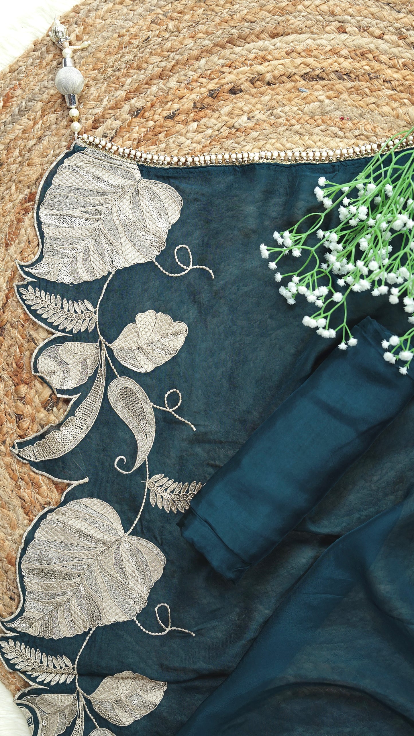 Taarini – Teal Green Crepe Unstitched Pearl, Sequin & Zari Embroidered Suit Set