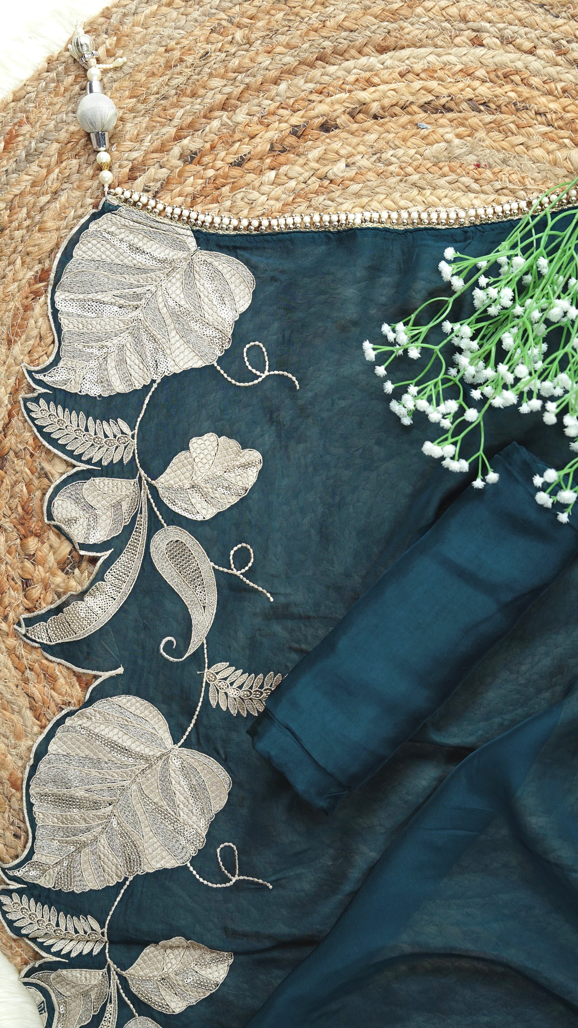 Taarini – Teal Green Crepe Unstitched Pearl, Sequin & Zari Embroidered Suit Set