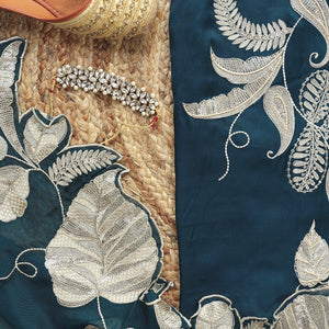 Taarini – Teal Green Crepe Unstitched Pearl, Sequin & Zari Embroidered Suit Set