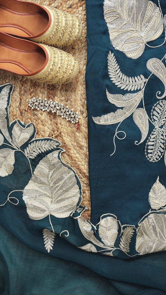 Taarini – Teal Green Crepe Unstitched Pearl, Sequin & Zari Embroidered Suit Set