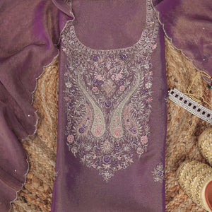 Anvitha – Purple Tissue Fabric Unstitched Resham & Pearl Embroidered Suit Set