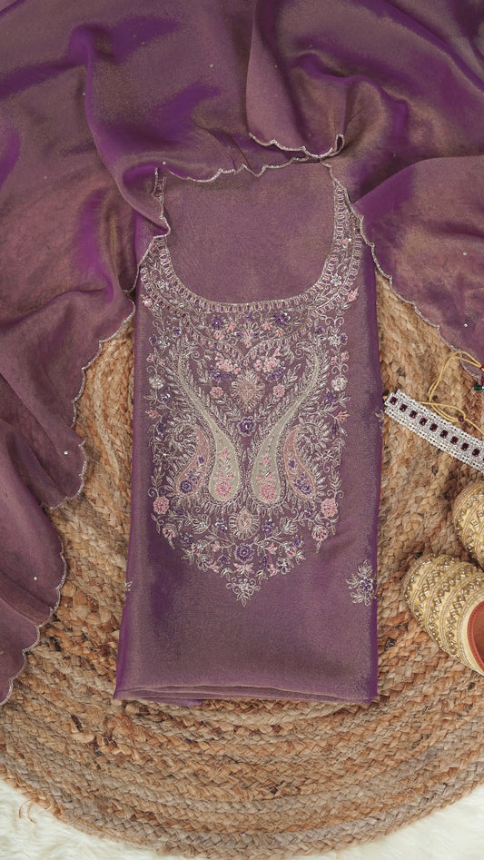 Anvitha – Purple Tissue Fabric Unstitched Resham & Pearl Embroidered Suit Set