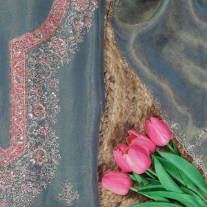 Navya – Greyish Blue Tissue Fabric Unstitched Dabka, Zari & Sequin Embroidered Suit Set