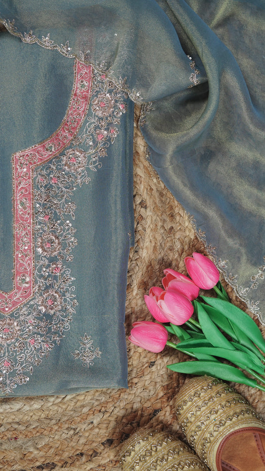 Navya – Greyish Blue Tissue Fabric Unstitched Dabka, Zari & Sequin Embroidered Suit Set