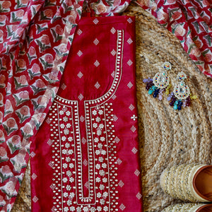 Rangrez – Red Banarasi Chanderi Unstitched Zari Weave Suit Set
