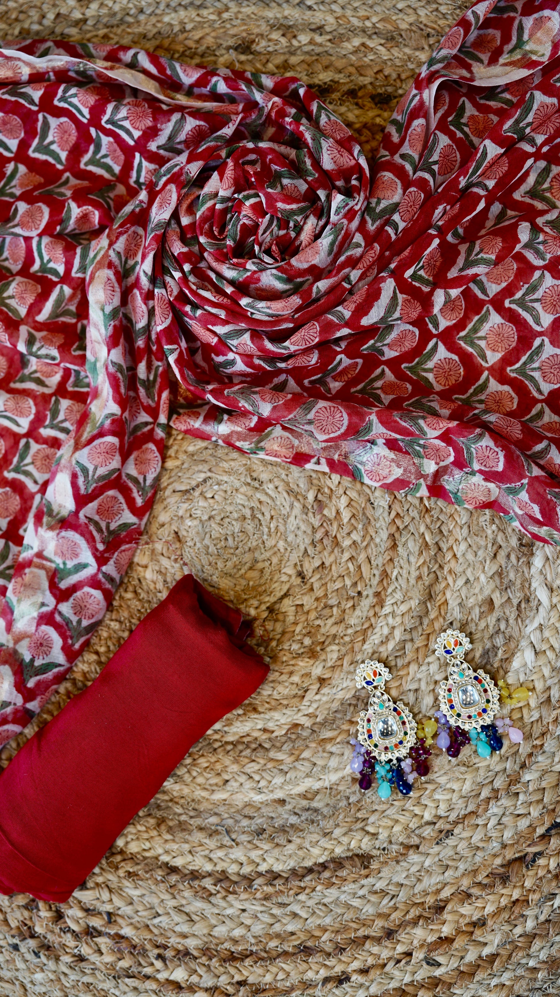 Rangrez – Red Banarasi Chanderi Unstitched Zari Weave Suit Set