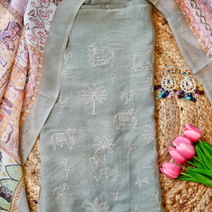 Pistahina – Mint Green Organza Unstitched Pichwai Resham Motif Suit Set
