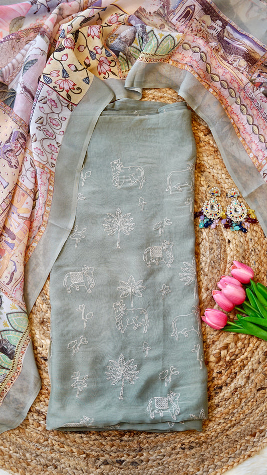 Pistahina – Mint Green Organza Unstitched Pichwai Resham Motif Suit Set