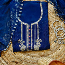 Rajvilaas – Royal Blue Chinon Unstitched Hand Embroidered Party Suit Set