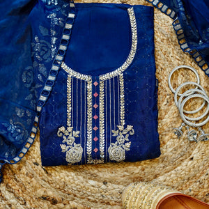 Rajvilaas – Royal Blue Chinon Unstitched Hand Embroidered Party Suit Set