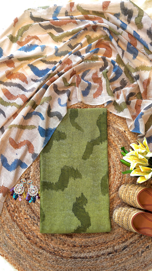 Shabnami – Green Chanderi Unstitched Marble Print Suit Set