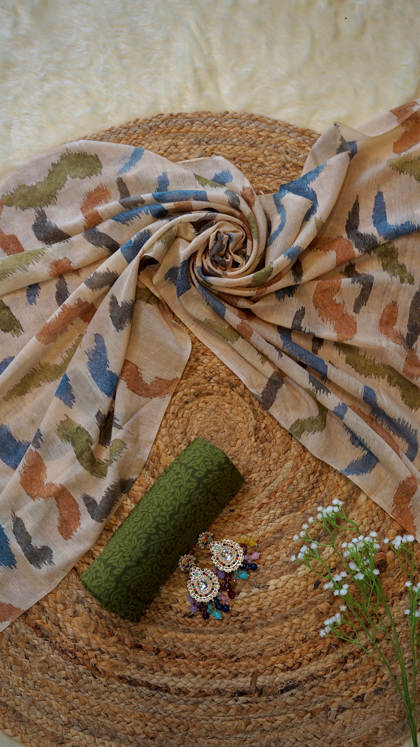 Shabnami – Green Chanderi Unstitched Marble Print Suit Set
